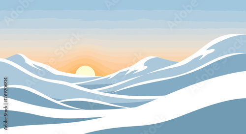 Winter Sunrise Over Snowy Hills, Nature Landscape, Outdoor Scene, Flat Vector Illustration, Tranquil Morning, Wide View, Calm and Quiet Mood
