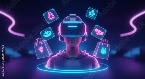 A person wearing a virtual reality headset surrounded by floating icons representing online shopping and social media in a futuristic setting