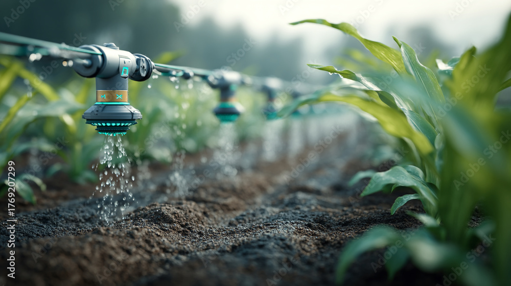 Naklejka premium Robotic irrigation system watering crops in a field with precision technology