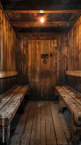 Wallpaper Mural Cozy wooden room with two benches and a door, perfect for a rustic setting or interior design concept Torontodigital.ca