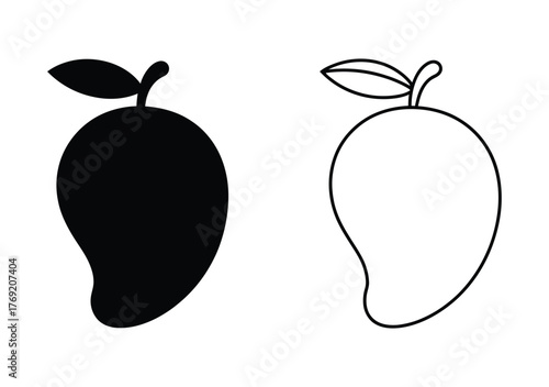Tropical mango fruit in black and white for coloring books, a simple and clean design with a healthy food concept, perfect for educational resources and menu templates, promoting fresh and delicious e