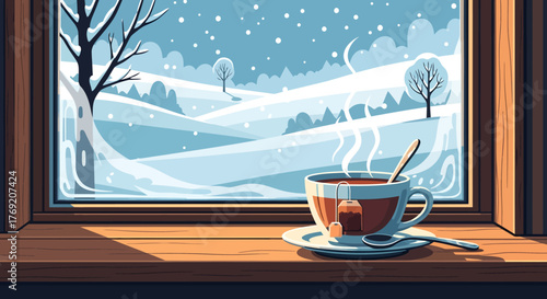 Winter Morning Hot Drink, Cup, Indoors, Window, Lifestyle, Warmth, Flat Vector Illustration