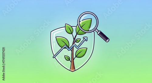 A shield protects a plant with an upward trend line, symbolizing growth and security, closely examined with a magnifying glass on a gradient background