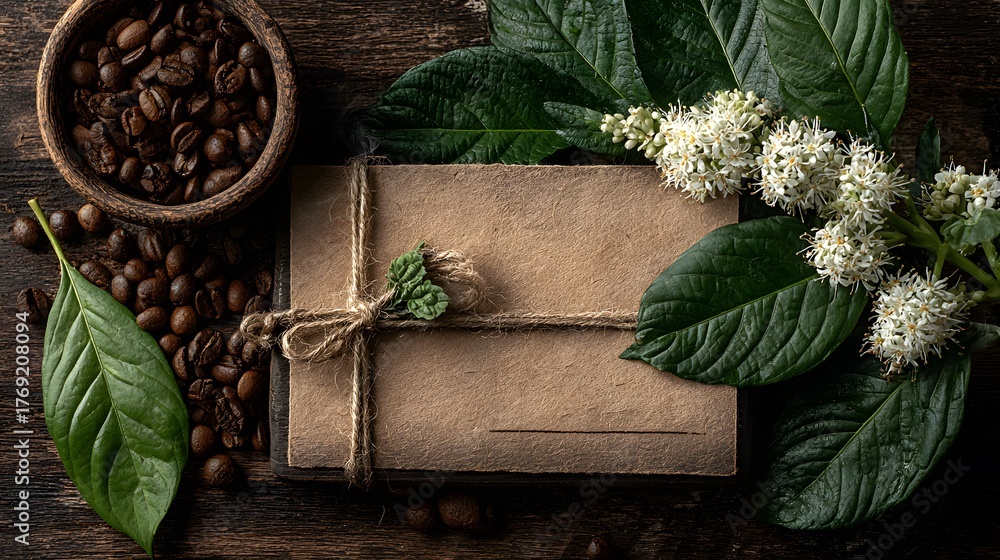 Obraz premium Rustic, natural flat lay of a blank kraft paper card tied with twine, surrounded by coffee beans and the leaves and berries of a coffee plant.