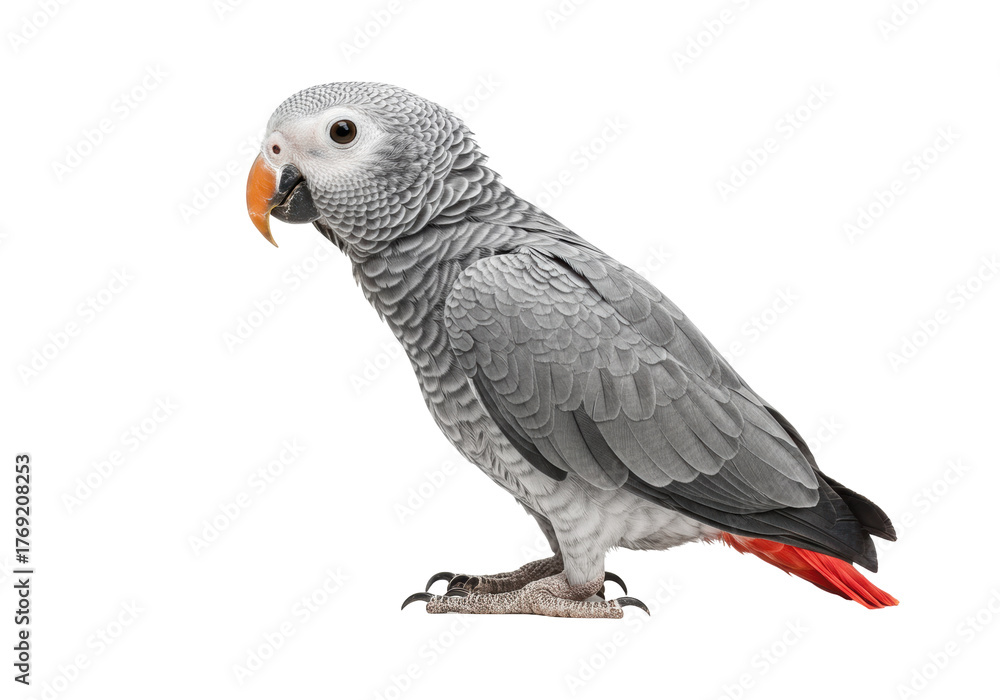 Naklejka premium Isolated beautiful African grey parrot stands, side view, bright orange beak, tail feathers