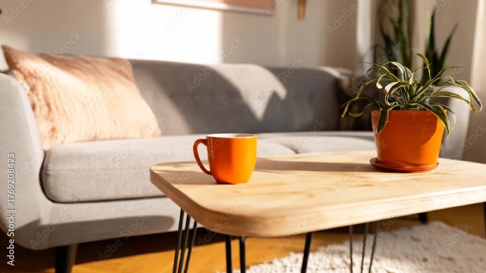 custom made wallpaper toronto digitalA cozy living room scene featuring a modern grey sofa adorned with soft pillows, a wooden coffee table with an orange mug and potted plant, illuminated by warm sunlight streaming through a window