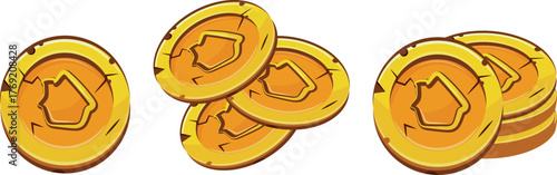 set of stylized icons of gold coins in various shapes with the design of New Year's houses, for games, social networks or other thematic designs