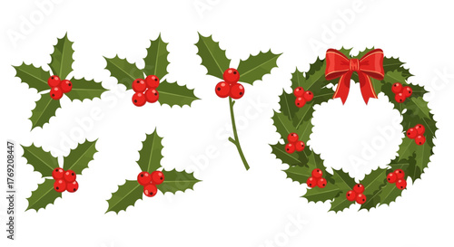 A festive collection of Christmas holly sprigs with red berries and a traditional holiday wreath with a red bow, isolated vector set