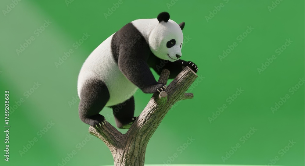 Obraz premium Giant Panda Climbing Tree Against Green Screen Background.