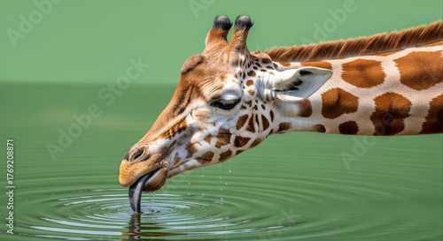Giraffe drinking water closeup shot of the animals head and neck.