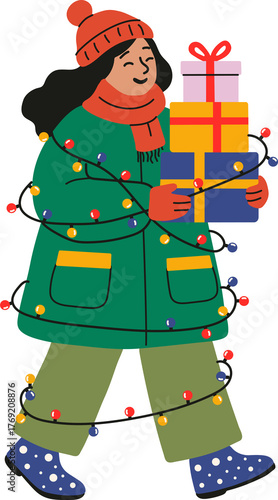 Photos Festive Holiday Shopper with Gifts and String Lights