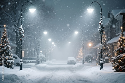 Snowy Street Scene with Illuminated Streetlights and Christmas Trees.