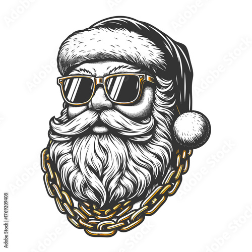 Santa Claus wearing sunglasses and a gold chain sketch engraving generative ai fictional character vector illustration. Scratch board imitation. Black and white image.