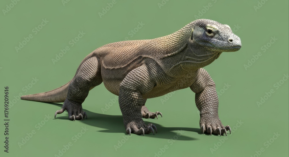 Obraz premium Komodo Dragon on a plain green background full body shot side view looking right sharp focus.