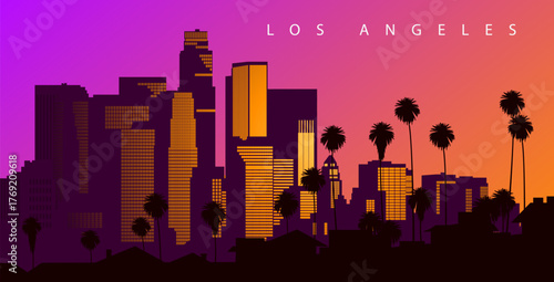 Los Angeles skyline at sunset. Creative illustration. California, USA