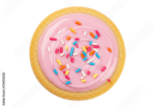Isolated sugar cookie with pink frosting and sprinkles for party or birthday treat