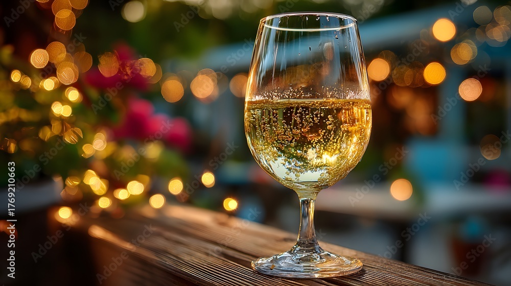 Obraz premium Elegant, close-up photograph of a glass of crisp white wine, with delicate bubbles rising, set against a beautiful, warm bokeh background of a patio.