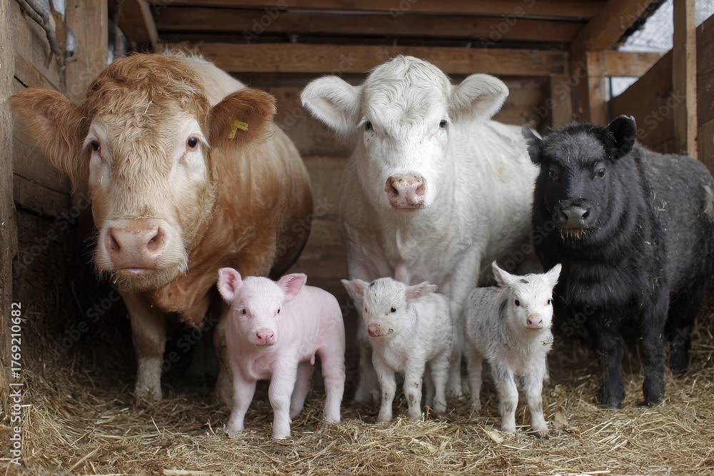 Fototapeta premium Cows and pigs with their young on a farm surrounded by straw and wooden structures during early morning light