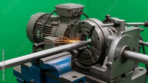 Metal pipe threading machine in action, generating bright sparks in a factory setting