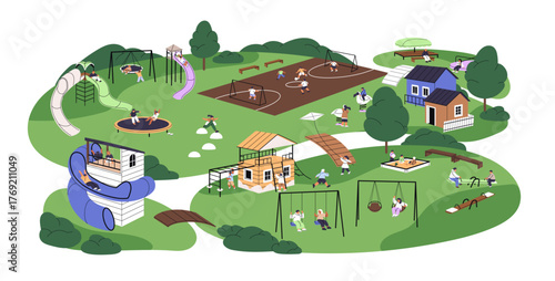 Happy kids have fun on kindergarten playground, outdoors. Children play football, games in park with swings, seesaws, sandbox. Babies are on school ground. Flat isolated vector illustration on white