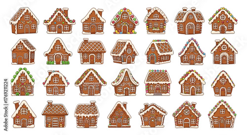 A delightful assortment of uniquely decorated gingerbread houses, each featuring festive icing and candy, perfect for winter holiday celebrations and heartwarming designs