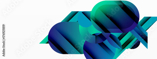 Abstract geometric shapes overlap, creating vibrant blue, green gradients. Minimalist design with clean lines, modern aesthetic.