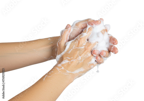 Isolated hands with soap lather for proper hand washing technique, hygiene during virus season