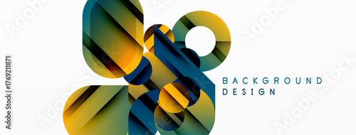 Abstract geometric shapes overlap, creating dynamic visual effect. Colors blendgold, blue, greenon white backdrop. Modern design element.