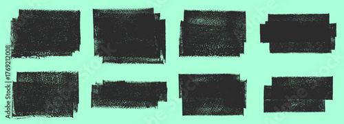 Linocut, relief printing layered rectangles grungy textures vector set. Artistic rough text boxes, frames, backgrounds, uneven geometric edge. Paint roller stains collection, textured lino ink remains