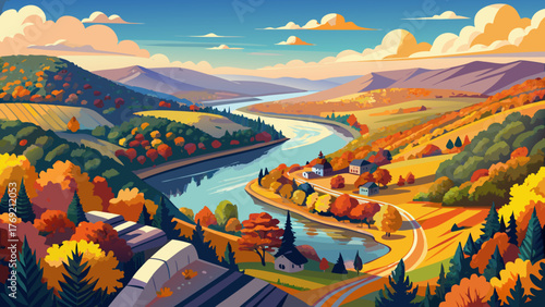 Very beautiful aerial panoramic view of Delaware Water Gap on a bright autumn day, showcasing winding river, colorful forested mountains, and scenic landscape along the New Jersey and Pennsylvania