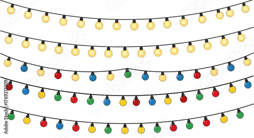 Festive String Lights with Yellow, Red, Blue, and Green Bulbs on White Background