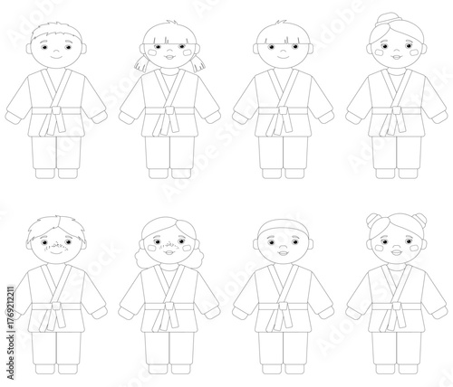 Line art illustrations of diverse children in martial arts uniforms, isolated on a white background. Suitable for coloring books or educational materials.
