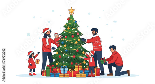 Joyful Family Decorating Christmas Tree Together and Exchanging Gifts During a Happy Winter Holiday Season Celebration