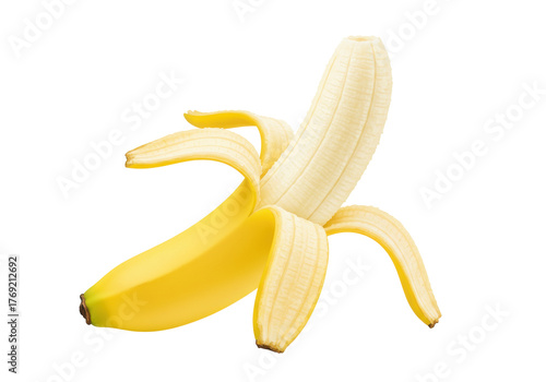 Tableau sur toile Isolated ripe banana peeled halfway, fresh and natural fruit, healthy nutritious