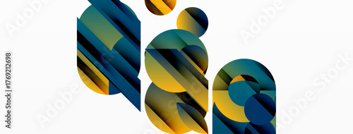 Abstract geometric shapes overlap, creating vibrant color gradients. Composition feels modern, dynamic, visually interesting.