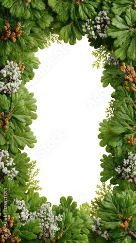 Lush Green Frame with White Flowers and Natural Elements for Design Use
