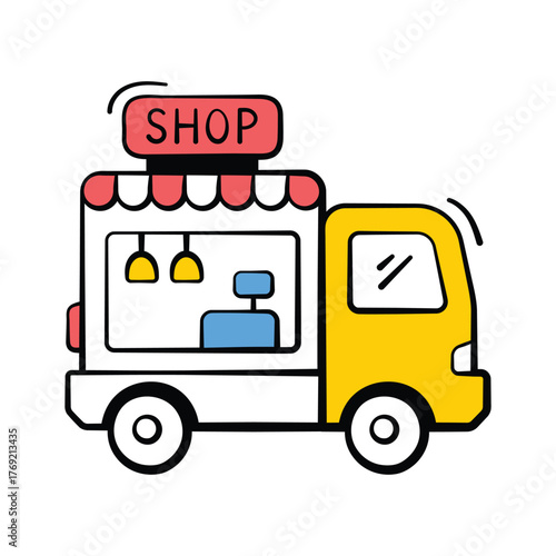 Food truck icon in hand drawn style, representing street food, mobile cafe,