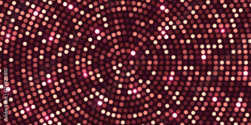 Glowing red halftone dot background. Bright circular lights grid on dark. Futuristic and vibrant texture pattern. Geometric minimal digital design. Abstract vector illustration.