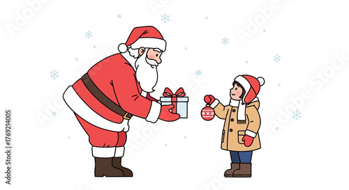 A heartwarming line art illustration of Santa Claus giving a Christmas holiday gift to a small child in the snow