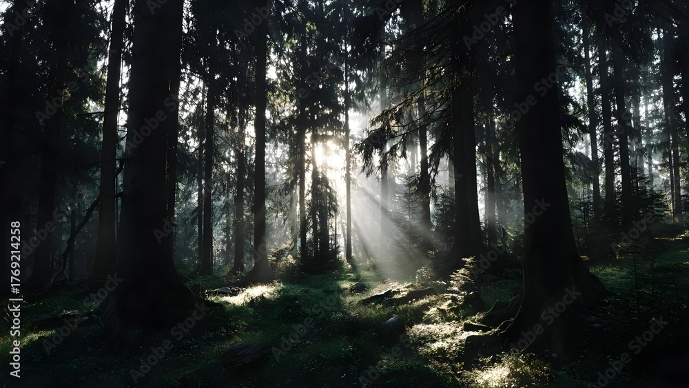Fototapeta premium Sunlight streams through a dense forest, casting dramatic rays on the mossy ground in a quiet, misty woodland. Concept Dramatic sunbeams in dense forest, Mossy forest floor, Misty woodland