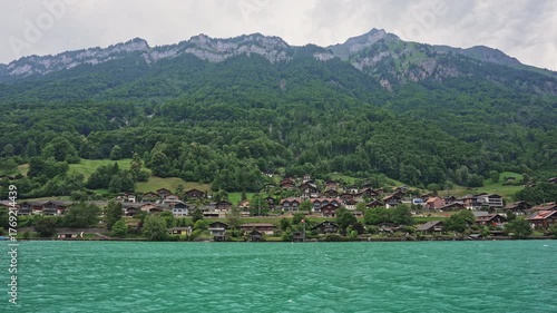 Lakeside Village and Green Mountains by Turquoise Lake Brienz, Switzerland,Filmed on 29 August 2025