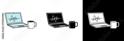 Vector illustration of an open laptop displaying a soundwave with a coffee cup beside it. Represents creative work, productivity, and online activity in a modern workspace.