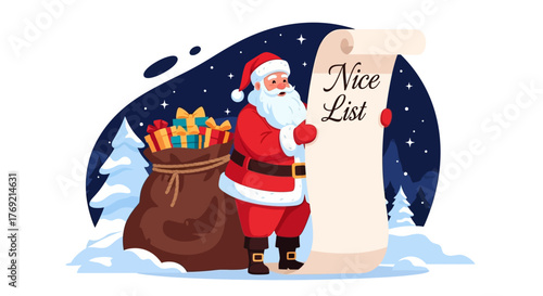 Santa Claus with a Nice List Next to a Bag of Gifts and Winter Landscape