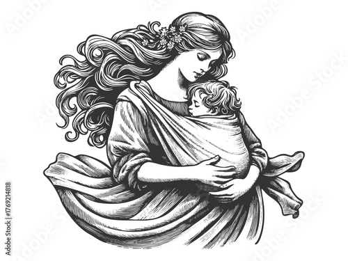 serene mother carrying her child in a sling, symbolizing love, care, and protection sketch engraving generative ai fictional character vector illustration. Scratch board imitation. Black and white.