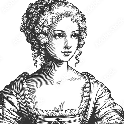 regal woman with curly hair, floral adornments, and pearls, evoking classical beauty and nobility sketch engraving generative ai fictional character vector illustration. Scratch board. Black and white