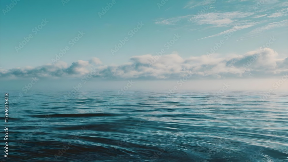 Fototapeta premium Calm blue ocean with gentle waves under a clear sky and wispy clouds on the horizon. Concept Calm blue ocean, Clear sky, Gentle waves, Wispy clouds, Horizon