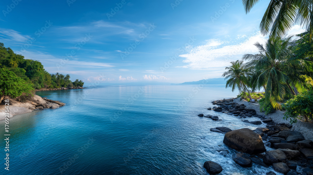 Fototapeta premium Calm close-up of calm sea water waves with palm trees. Beautiful panorama, tropical island beach landscape exotic shore coast. Summer vacation, holiday amazing nature. Sea background