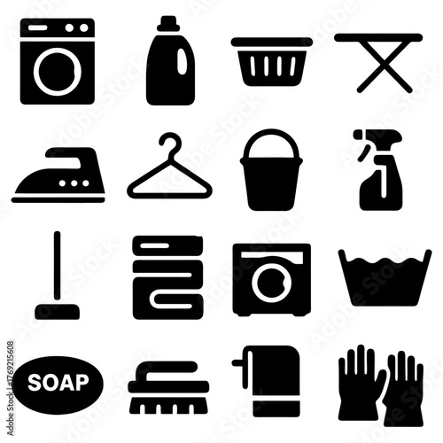 Laundry Day Essentials: A collection of meticulously depicted icons showcases the essential tools and items required for a seamless and efficient laundry routine.