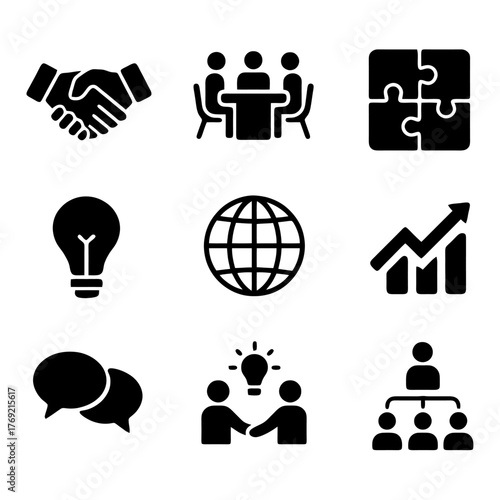 Business and Collaboration Icons: A collection of concise business and collaboration icons symbolizes concepts such as agreement, communication, ideas, and growth.