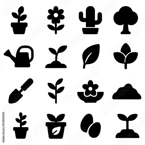 Gardening Icon Set: A collection of various gardening icons, plants, and tools are elegantly displayed, symbolizing the nurturing world of horticulture. 
